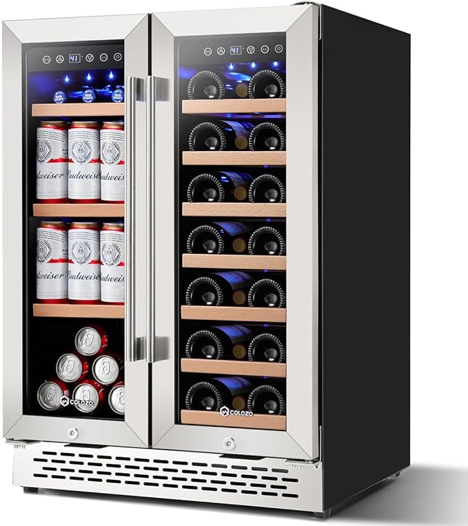 24 Inch Wine and Beverage Refrigerator Under Counter, Dual Zone 20 Bottles & 88 Cans Beverage Fridge with Stainless Steel Tempered Glass Door, Built-in/Freestanding Mini Fridge for Office/Bar/Kitchen