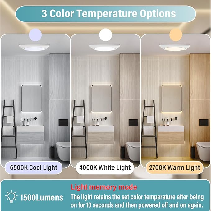 Bathroom Exhaust Fan with Light, UL HVI Certificated 120 CFM 1.2 Sones, 41W Bathroom Fan with Light for Home, 1500lm LED Light 2700K/4000K/6500K