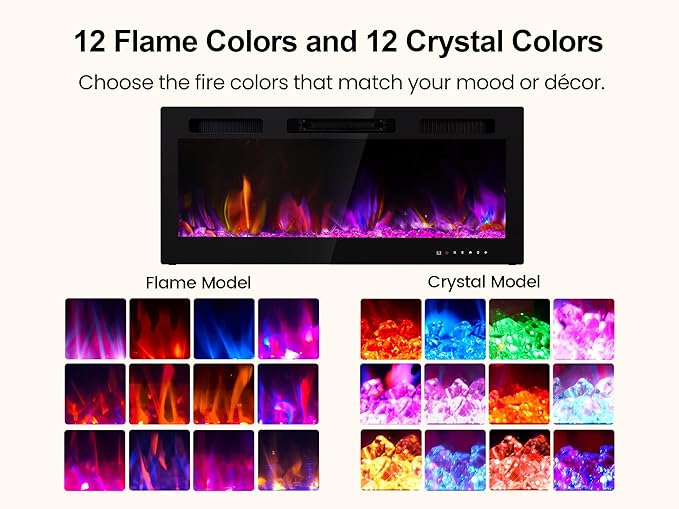 Electric Fireplace 50 Inch Wall Mount Insert Fireplaces Realsmart 1500W,Fit for 2 X 6 stub,Ultra-Thin Heater Ultra-Thin with 3 Heating Modes Timer 12 Adjustable Flame Colors Touch Remote Control