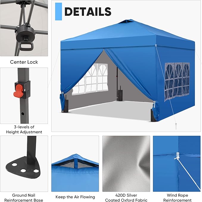 Saemoza 12x12 Pop Up Canopy Tent with One Push Setup, Portable Sun Shade Tent, Instant Easy Up Canopy with 4-Sidewalls & Wheeled Bag, Outdoor Fldable Gazebo with Vent Top, Blue.
