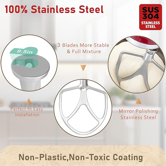 316 Stainless Steel 6qt Flat Beater Fits Kitchenaid 5QT Bowl-Lift Mixers, 100% Polished Smooth Uncoated,Thoroughly Mixing&Stable Operation with 0% Residue, Dishwasher Safe, Durability, Spatula&Recipes