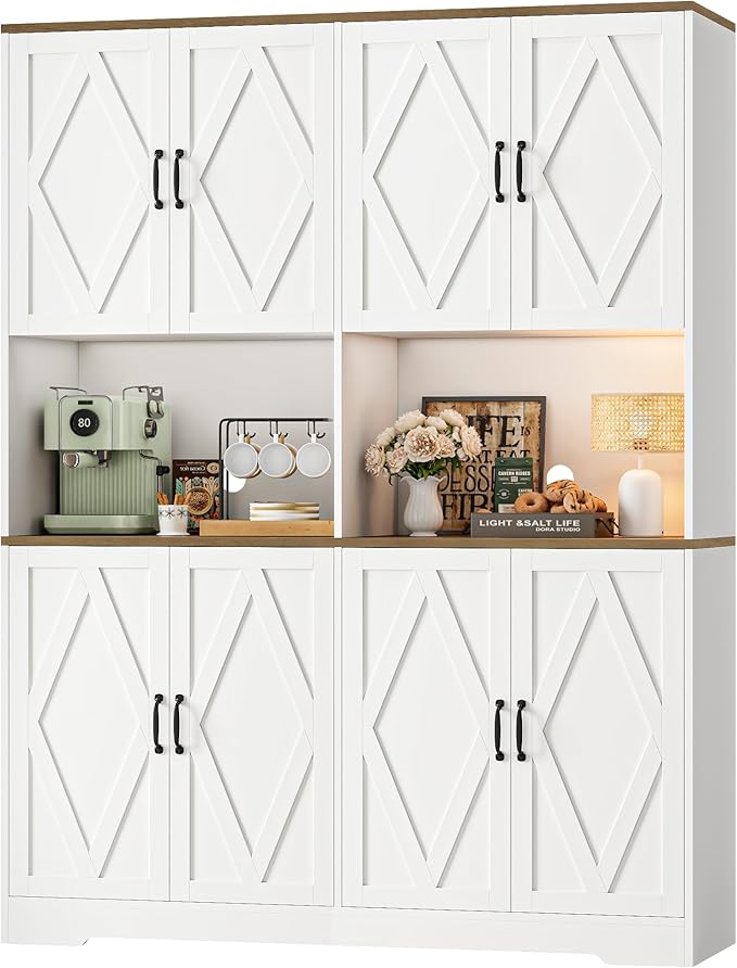 HOSTACK 71" Tall Pantry Cabinet, 55" Wide Kitchen Pantry Storage Cabinet, Large Kitchen Hutch with 2 Microwave Stands, Farmhouse Coffee Bar Station with Doors and Shelves for Dining Room, White