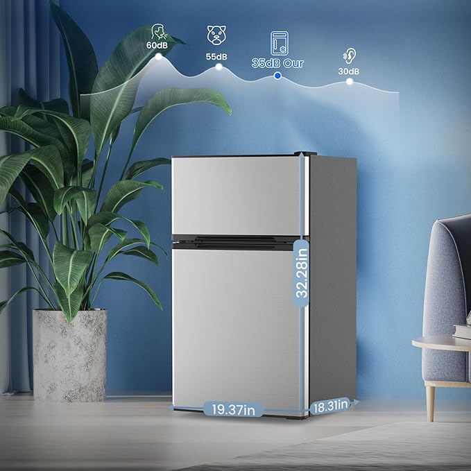 3.2 Cu.Ft Mini Fridge with Freezer, Compact Refrigerator with 2 Doors, Small Fridge with Adjustable Thermostat & Removable Glass Shelves for Bedroom, Office, Dorm, or Apartment, Silver