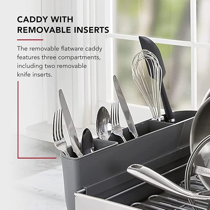 KitchenAid Large Capacity, Fully Size Self Draining Rust Resistatant Satin Coated Dish Rack with Removable Flatware Caddy 20.47-Inch, Gray
