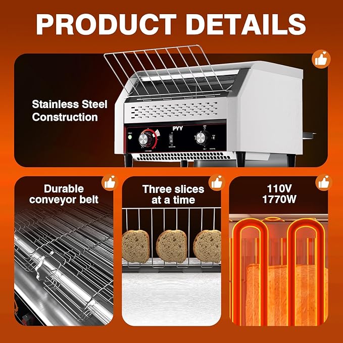 PYY Commercial Conveyor Toaster 450 Slices/Hour, Electric Conveyor Belt Toaster for Toast, Bun, Bagel, Bread, Heavy Duty Stainless Steel Toaster Oven for Restaurant, Bakery, Buffet Use