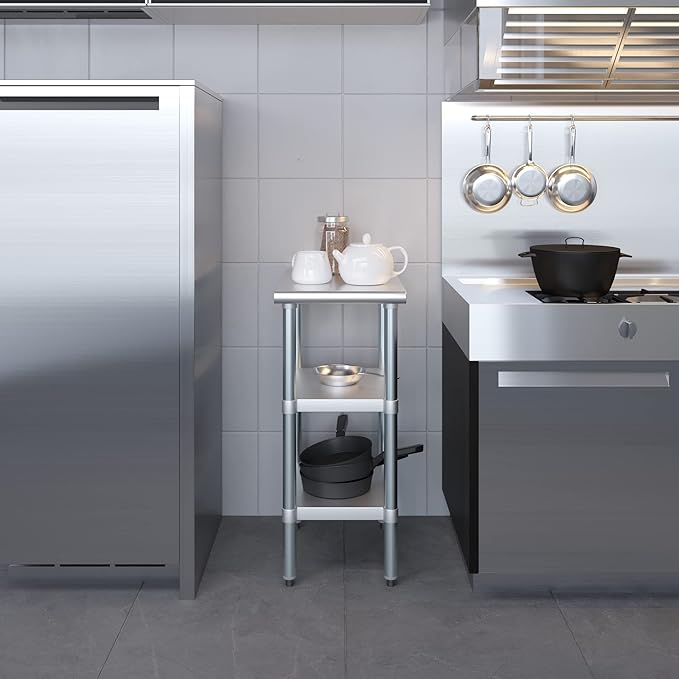 AmGood Stainless Steel Work Table with 2 Shelves | NSF | Metal Utility Table (15" Long x 24" Deep)