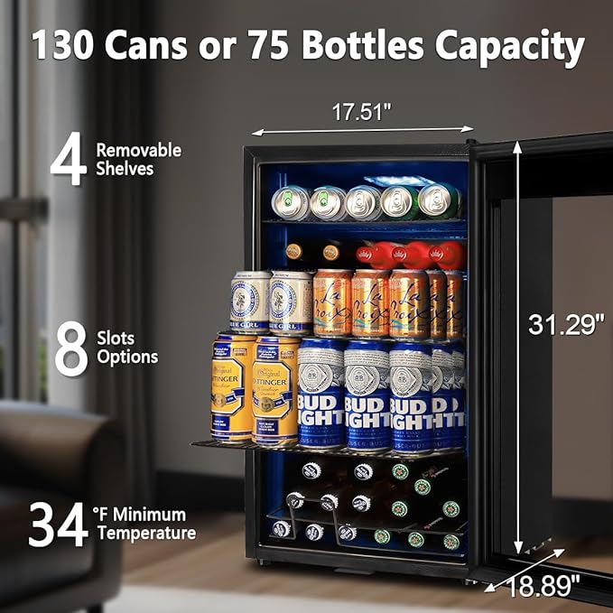 Tylza Beverage Refrigerator Cooler, 130 Cans 3.22 Cu.Ft Small Refrigerator with Low-E Glass Door, Lock, 17-Inch Beer Fridge for Drinks, Beer and Wine, Mini Fridge for Bedroom, Office and Bar, Black