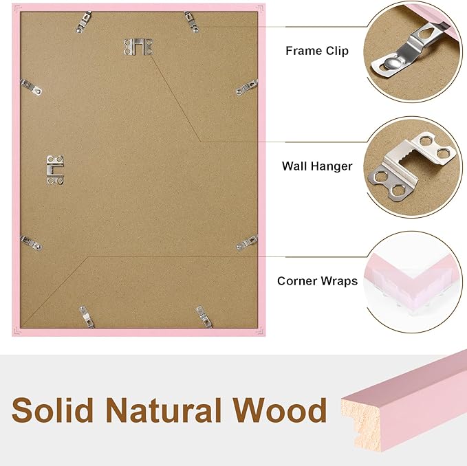 Vittanly 12x16 Picture Frame, Solid Wood Frame with Plexiglass, Includes 8.5x11 Mat, Wall Hanging for Photos, Home Decor, Pale Pink, 1 Pack