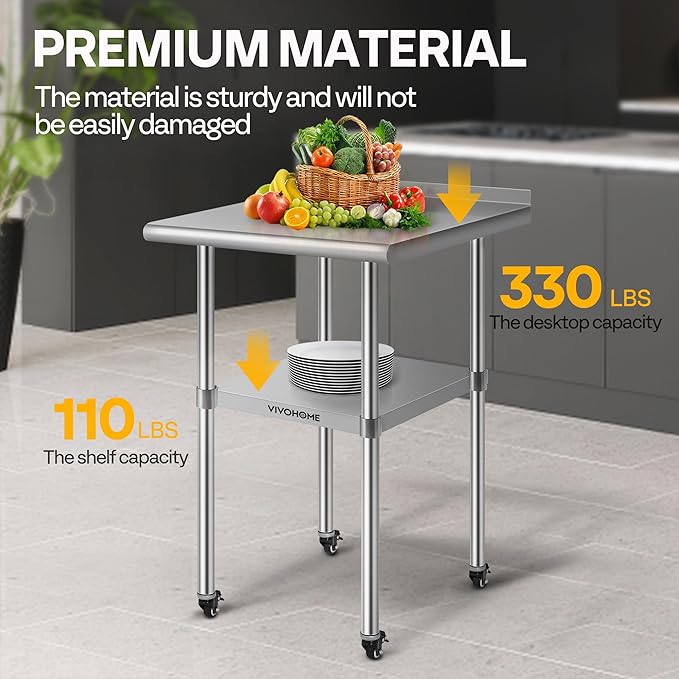 VIVOHOME 24 x 24 Inch Stainless Steel Work Table with Backsplash, Prep Commercial Table with Wheels for Restaurant, Hotel, Home and Warehouse