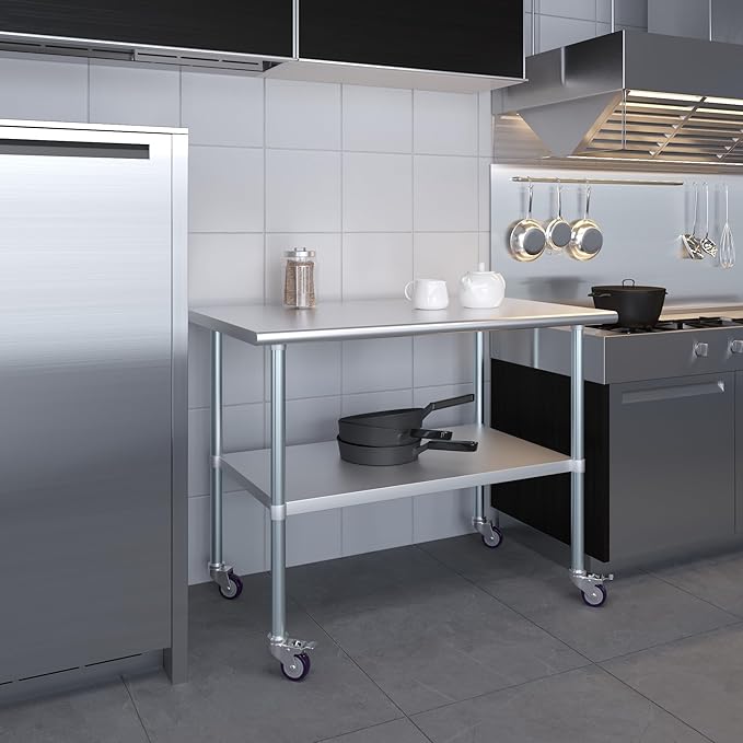 AmGood 48" Long x 30" Deep Stainless Steel Table with Casters
