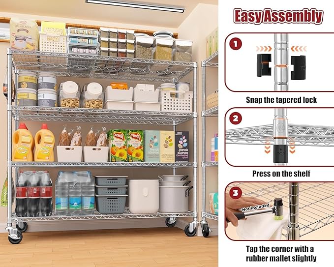 PrimeZone 4 Tier 55.5" Wx24 Dx76 H Wire Shelving with Wheels 2400lbs NSF Certified Storage Shelves Heavy Duty Metal Shelf Adjustable Rolling Rack Commercial Garage Restaurant Warehouse Kitchen 8Pack
