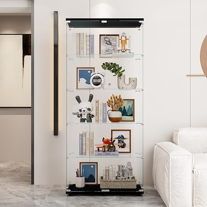 74" H 5-Shelf Glass Display Cabinet with Double Door, Modern Curio Cabinet Collection Display Case, Floor Standing Bookshelf Glass Case with Lock for Living Room,Home Office (Black)