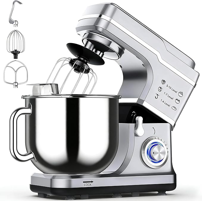 7.5QT Stand Mixer, 660W Powerful Electric Dough Mixer, 10-Speed Tilt-Head Kitchen Mixer with Stainless Steel Bowl, Whisk, Dough Hook, Beater, Splash Guard, Easy Clean, for Baking & Cooking