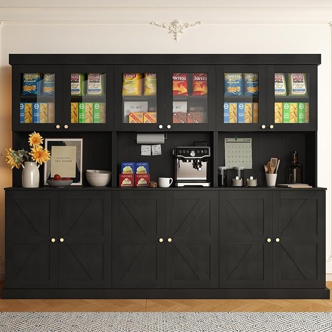 Vyre 71" Farmhouse Kitchen Pantry Cabinet Set of 3, Black Freestanding Coffee Bar Hutch with Glass Doors & Adjustable Shelves, Large Storage Cabinet with Microwave Stand for Living Room & Kitchen