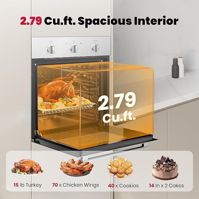 24 Inch Electric Wall Oven, GASLAND Built-in Oven with 2.79 Cu.ft Capacity, 5 Working Functions, Ergonomic knob, Removable 3-Layer Glass Door, 2200W Stainless Steel Single Wall Oven, ETL Certified