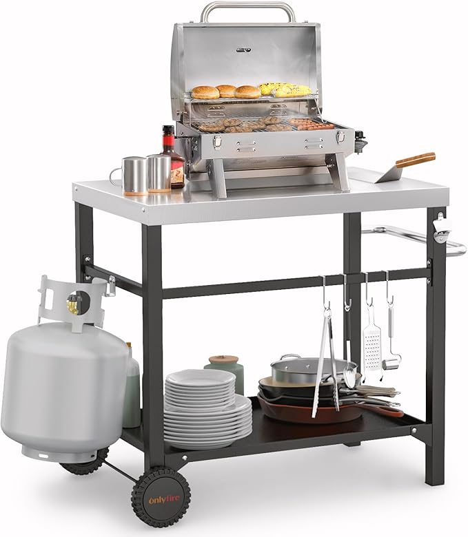 onlyfire Stainless Steel Movable Dining Cart Table, Pizza Oven Table, Multifunctional Utility Cart with Wheels for Outdoors, Kitchen or Backyard Patio