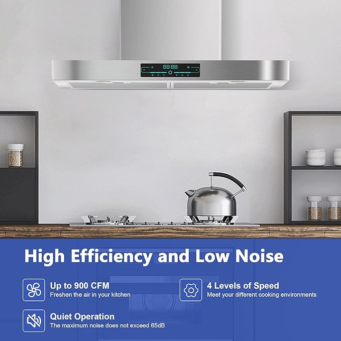 KMA-E30 Wall Mount Range Hood with 4-Speed Fan,900CFM Powerful Suction,30 Inch Stainless Steel Ducted Kitchen Vent Hood Extractor with Led Lights,Smart Touch Panel and Remote Control