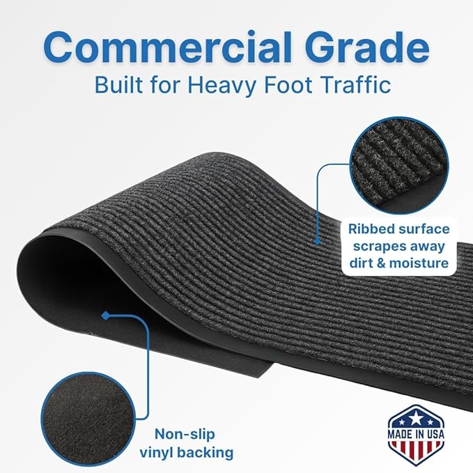 Consolidated Plastics Brush Dry Mat - Made in USA, Heavy-Duty Commercial DoorRug for Indoor/Outdoor Entryways, Non-Slip Backing for High-Traffic Areas (2' W x 3' L, Charcoal)