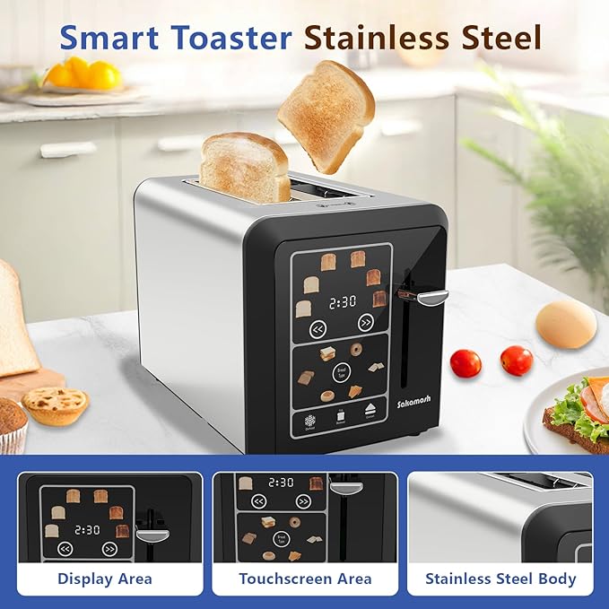 Touch Screen Toaster 2 Slice, Smart Digital Toasters, 6 Browning Levels & 6 Bread Types, Bagel Memory Function, Timer, Stainless Steel, 800W