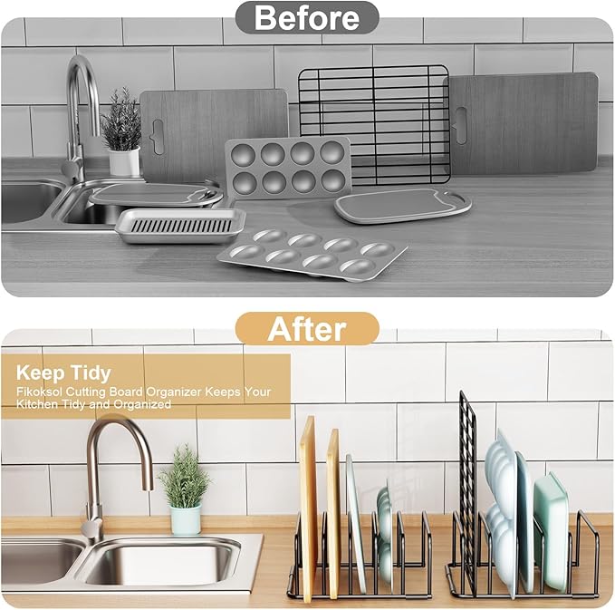 Cutting Board Organizer and Baking Sheet Rack, [1-Pack] Black Heavy Duty Metal Cookie Sheet Organizer for Cutting Board Storage & Plate Holder for Cabinet, Tray Dividers for Cabinets
