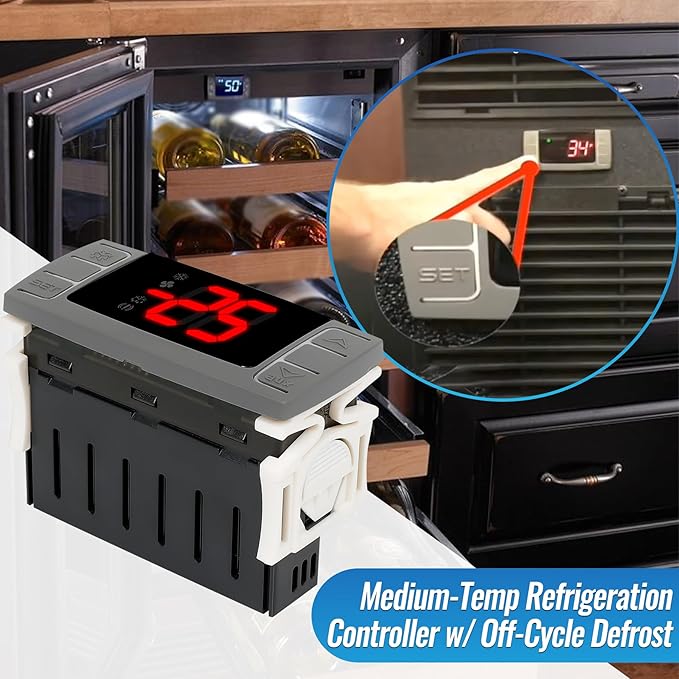 32-bit Enhanced XR02CX-4AAFBL Temperature Controller, Replaces Dixell XR02CX for 110-125V 50-60Hz Commercial Fridges/Freezers, Programmable Digital Thermostat, Voltage Protection & Reset, Red Screen