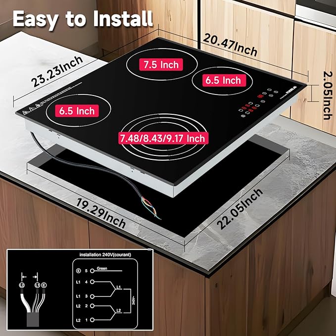 24 Inch Electric Cooktop 4 Burners,6500W 24" Electric Ceramic Cooktop with Child Lock & Auto Safety, Built-in/Countertop Infrared Cooker, 9 Power Levels, Easy-Clean Glass (No Plug)