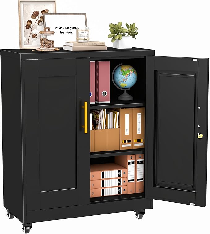 Metal Storage Cabinet-35” Tall Steel File Cabinets with Lockable Doors and Adjustable Shelves, Steel Tool Cabinet with Wheel for Home, School, Office, Garage Black