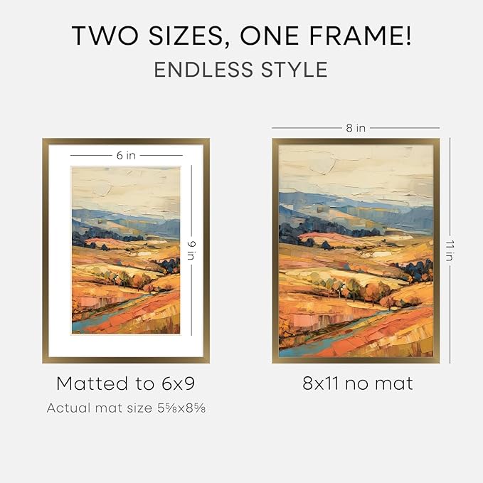 Homeforia 8x11 Picture Frame Bronze, High End Metal 8 x 11 Brass Frames with Mat 6 by 9 for Photo, 11x8 Frame Matted to 6x9 inch Print, 8by11 Wall or Tabletop Frame, Tempered Glass, Wall Kit, Set of 3