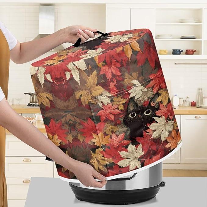 Xoenoiee Cat Maple Leaf Kitchen Appliance Dust Cover with Pockets, Electric Pressure Cooker Cover Compatible with Crock Pot, Rice Cooker Covers Fall Decor, for 6 Qt Pot