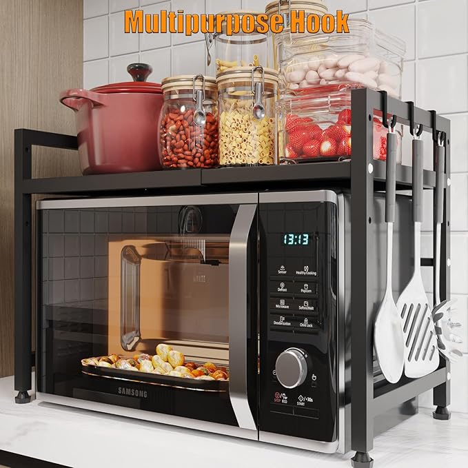 Extendable Microwave Oven Stand, Adjustable Microwave rack Toaster Shelf, Heavy Duty Rack 2 Tier Kitchen Counter Top Organizer with 6 Hooks for Kitchen