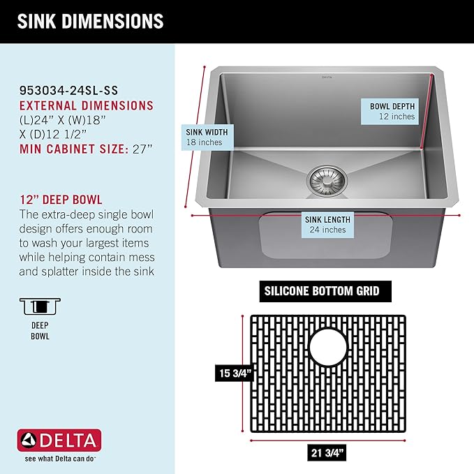 DELTA FAUCET Delta Lenta 24-inch Undermount 16 Gauge Stainless Steel Single Bowl Laundry Utility Kitchen Sink with Accessories, 953034-24SL-SS, Satin