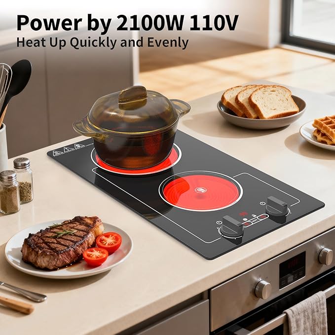 VBGK Electric Cooktop,110V 2100W electric Stove Top with Knob Control,Countertop/Built-in Design with 9 Power Levels,Kids Lock & Timer, Overheat Protection,and touch control 2 burner electric Cooktop.