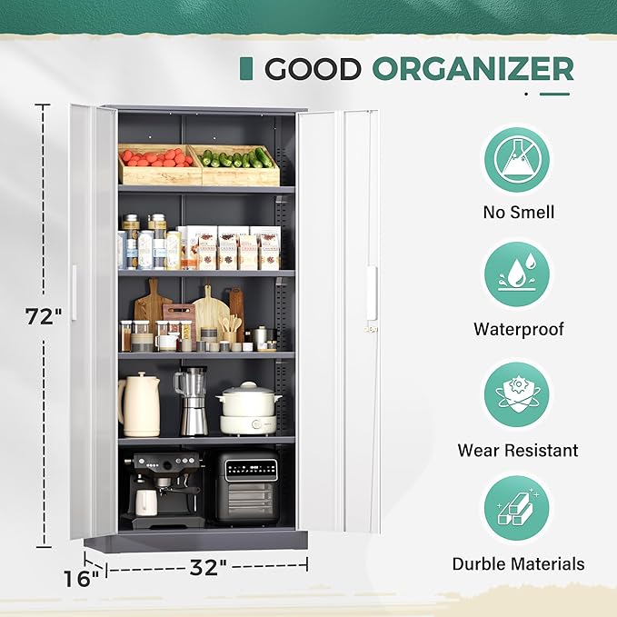 Greenvelly Metal Garage Storage Cabinet, Tall Steel Storage Cabinets with 2 Doors and 4 Adjustable Shelves, Metal Tool Cabinets, Locking File Cabinet for Home Office, Garage, School (Gray White)