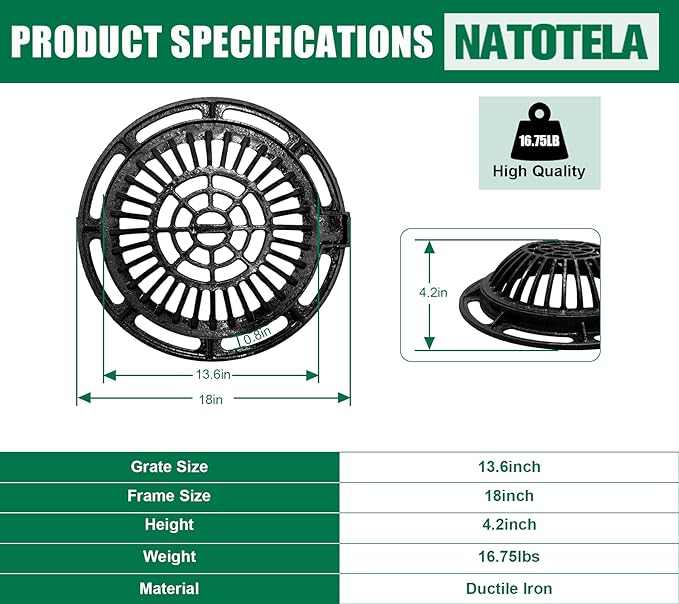12in Ductile Iron Atrium Drain Grate and Frame,Dome Durable Metal Overflow Relief Gully Dome Grate with Bolted Down Base,Cast Iron Sewage Drain Grates for Garden,Yard,Lawn(Overall Size 14.2")
