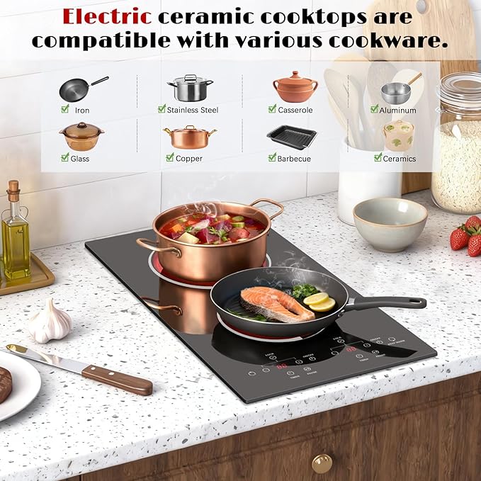 Karinear 2 Burner Electric Cooktop, 12 Inch Ceramic Glass Stove Top 3000W, Touch Control with 9 Power Levels, Timer & Child Safety Lock,Pause, for All Cookware, 240V Hardwired Drop-in Install