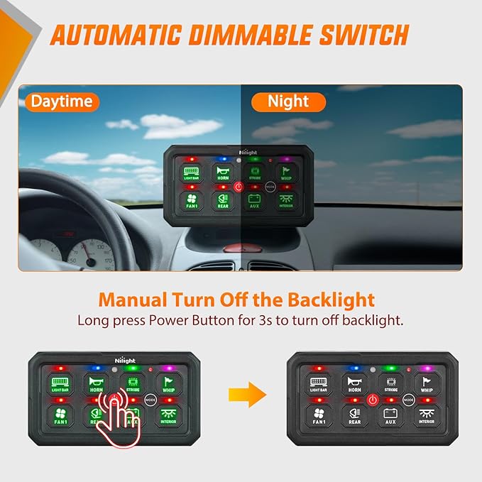 Nilight 8 Gang Switch Panel Green Circuit Control Relay System with Fuse Wiring Harness Toggle Momentary Strobe Flash Modes Automatic Dimmable ON Off Pod 12V 24V for Car Truck Camper SUV