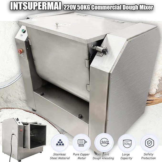 INTSUPERMAI 220V Commercial Dough Mixer Machine 50 KG Kneading Capacity 75L Electric Food Flour Mixer 4000W/5.36HP for Dough Mixing Kneading for Schools Bakeries Restaurants Pizzerias