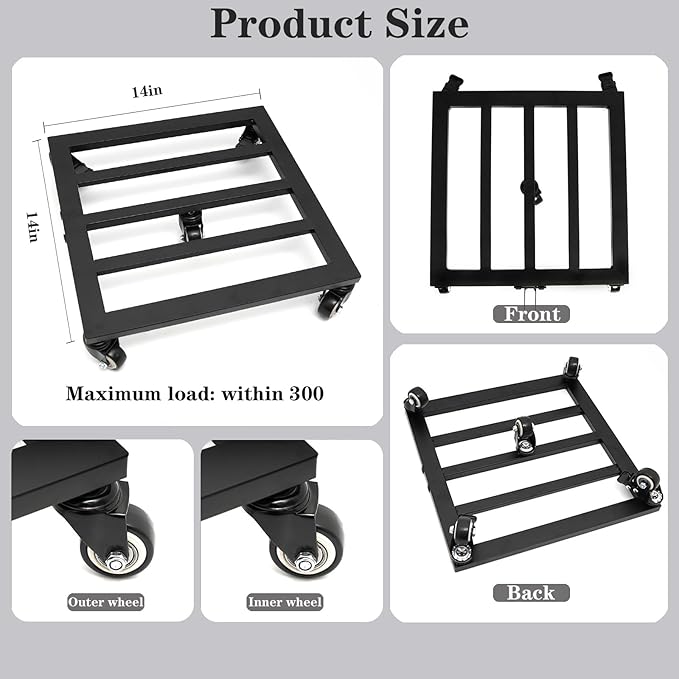 14 Inch Plant Dolly with Wheels - Heavy Duty Steel Caddy for Indoor & Outdoor Pots, 360° Rotating Rollers, Detachable Handle, High Capacity for Easy Mobility & Stability