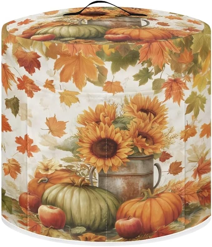 Fall Decor Stain-resistant Pressure Cooker Dust Cover Accessories for 3 Quart, Kitchen Appliance Air Fryer Rice Cooker Cover with Top Handle and Storage Pocket Sunflower Pumpkins