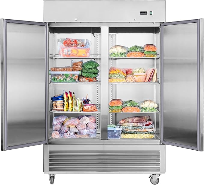 Commercial Freezer 54"W 2 Section 2 Solid Door Stainless Steel Interior and Exterior Construction