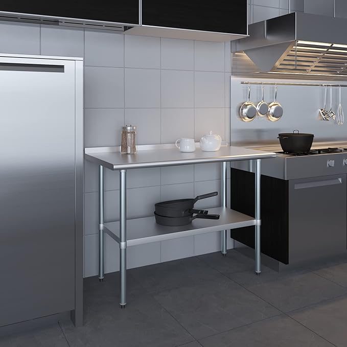 AmGood 48" Long x 24" Deep Stainless Steel Work Table with 1.5" Backsplash | Metal Kitchen Food Prep Table | NSF