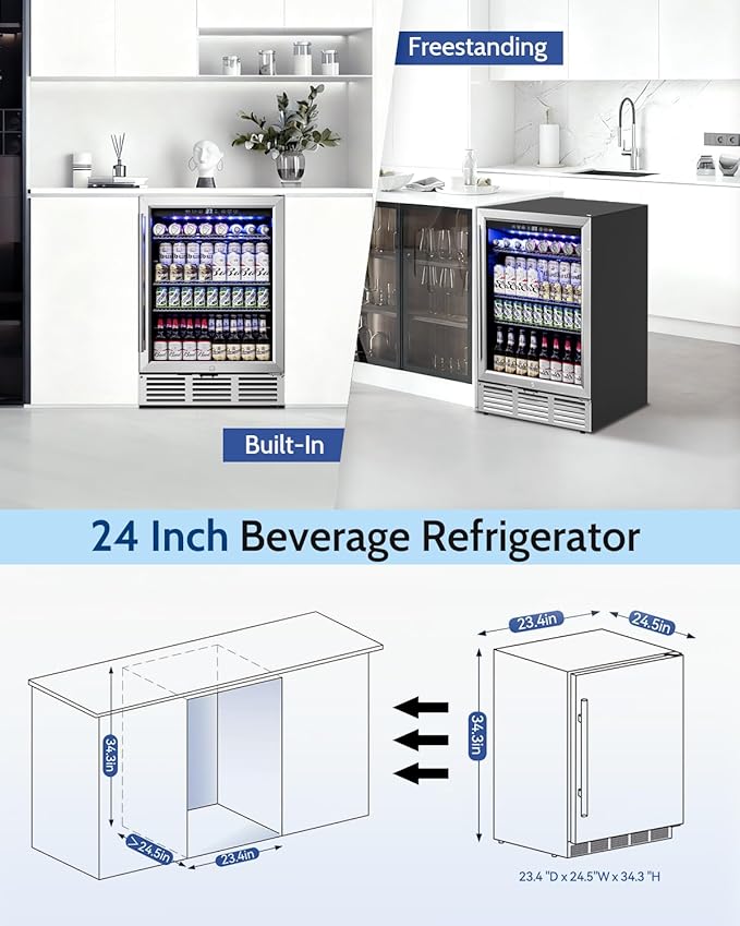 24 inch Beverage Refrigerator - 180 Cans Under Counter Beverage Fridge with Glass Door & Safety Lock for Beer Wine Soda, Built-in or Freestanding Drink Fridge for Home Office Kitchen or Bar