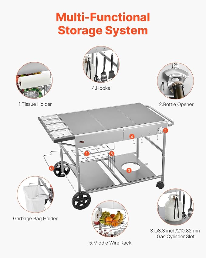 VEVOR Outdoor Grill Cart, 36.4 x 23.4 x 1 inch Tabletop Size Grilling Table, Movable Outdoor Cooking Table with 4 Spice Containers, Wheels, Lids, Hooks, BBQ Prep Tables for Picnic, Kitchen, Courtyard