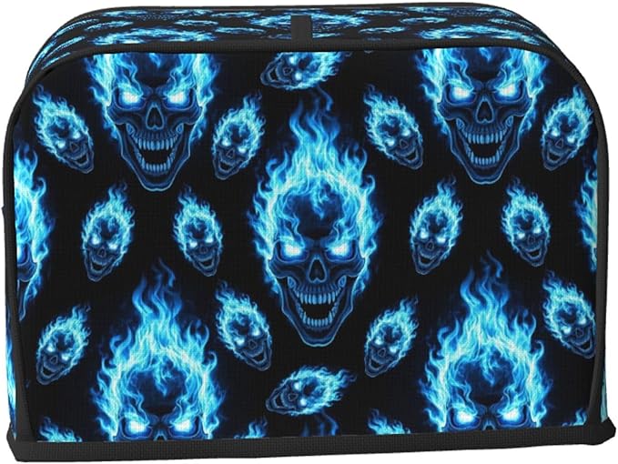 Polyester 2 Slice Toaster Dust Cover, Blue Fire Flame Skulls Fingerprint Protector with Pocket, Washable Kitchen Small Appliance Cover