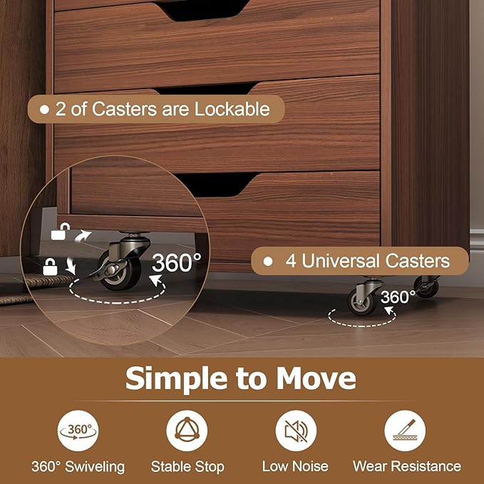 7 Drawer File Cabinet, Mobile Filing Cabinet w/Universal Wheels, Wood Printer Stand with Storage, Rolling File Cabinets for Home Office, Living Room, Bedroom (Walnut, 7 Drawers)