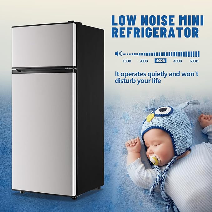 4.5 CU.FT Capacity Compact Refrigerator with Freezer Double Door Mini Fridge Small Apartment Refrigerator with 7 Adjustable Temp Control & 3 Glass Shelves for Kitchen Office Dorm Silver