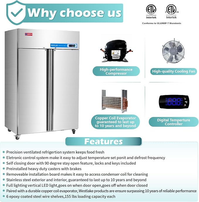 WESTLAKE Commercial Freezer 48"W 2 door 2 Section Stainless Steel Reach in Solid door Fan Cooling 36 Cu.ft Freezer for Restuarant, Bar, Shop, etc