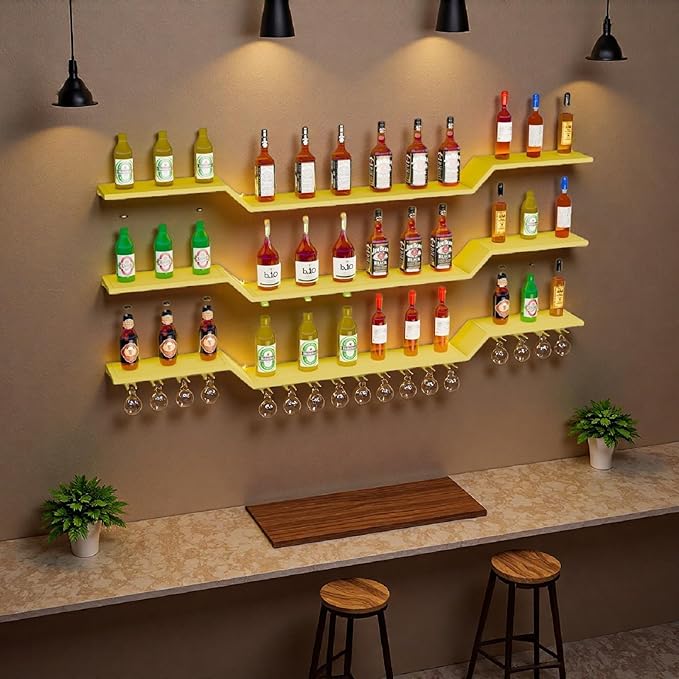 55.1" Wall Mounted LED Wine Rack, 3-Tier Floating Bar Shelves, Large Liquor Shelf with Wine Glass Rack, Large Bar Rack Wall Mounted for Liquor Bottles, Home Bar, Dining Room or Cafe, Gold