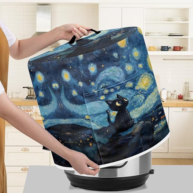 Xoenoiee Cat and Starry Night Pattern Kitchen Appliance Dust Covers with Pockets, Electric Pressure Cooker Cover Compatible with Crock Pot, Rice Cooker Cover, for 6 Qt