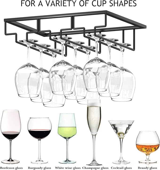 Wine Glass Rack, 2 Pack Under Cabinet Stemware Rack Wine Glass Holder, 3 Rows Black Metal Wine Glass Storage Hanger Under Shelf for Cabinet Kitchen BarWtiujhg Wine Glass Rack, 2 Pack Under Cabinet Stemware Rack Wine Glass Holder, 3 Rows Black Metal Win...